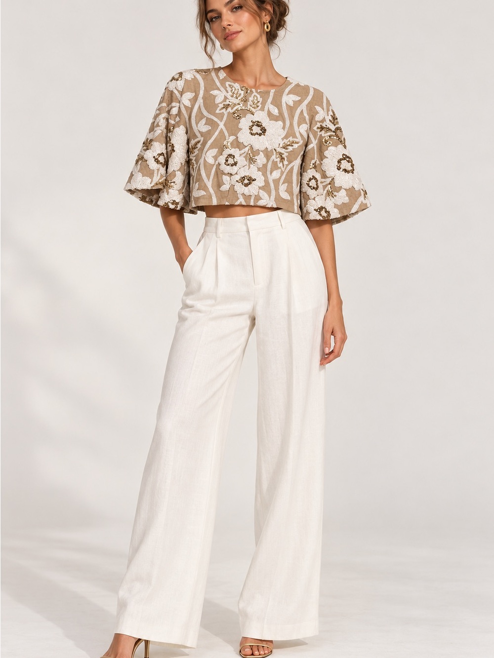 Sabina Musayev Taupe Embroidered Capelet cropped top